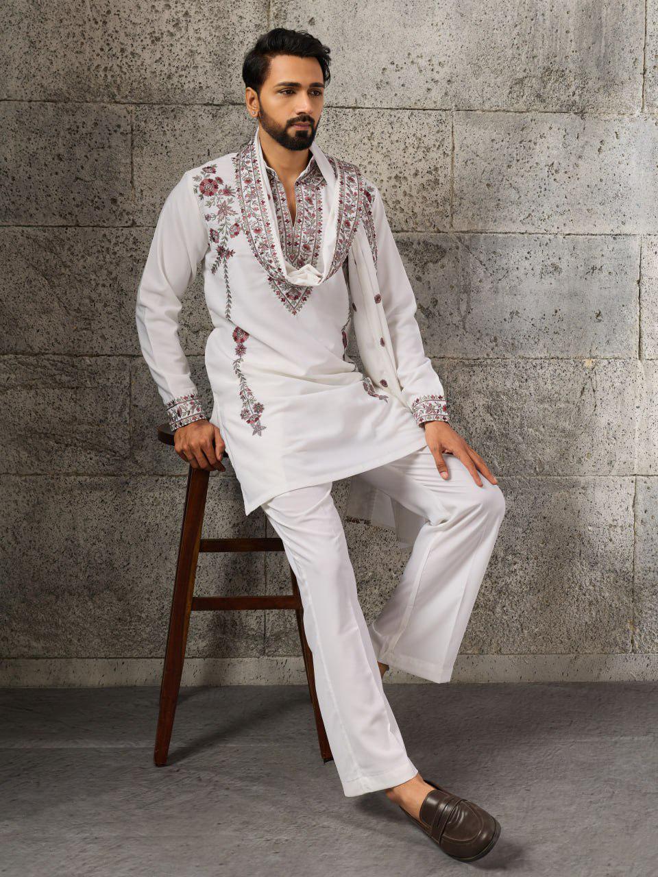 Embroidered Japanese Fabric Kurta Pant Set with Dupatta | Festive Ethnic Wear
