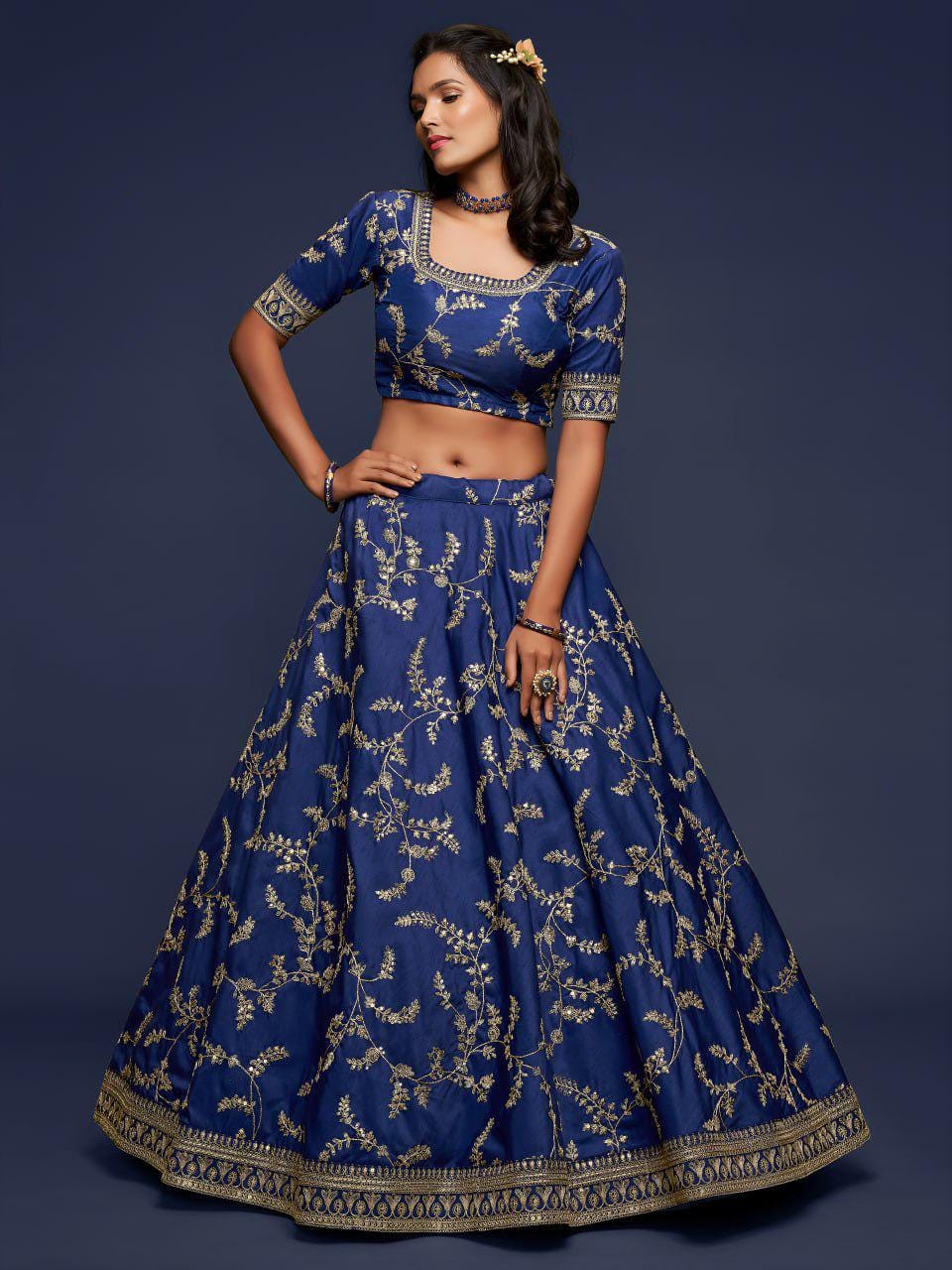 Navy Blue Art Silk Lehenga Choli Set | Zari Dori Sequins Embroidery, Net Dupatta