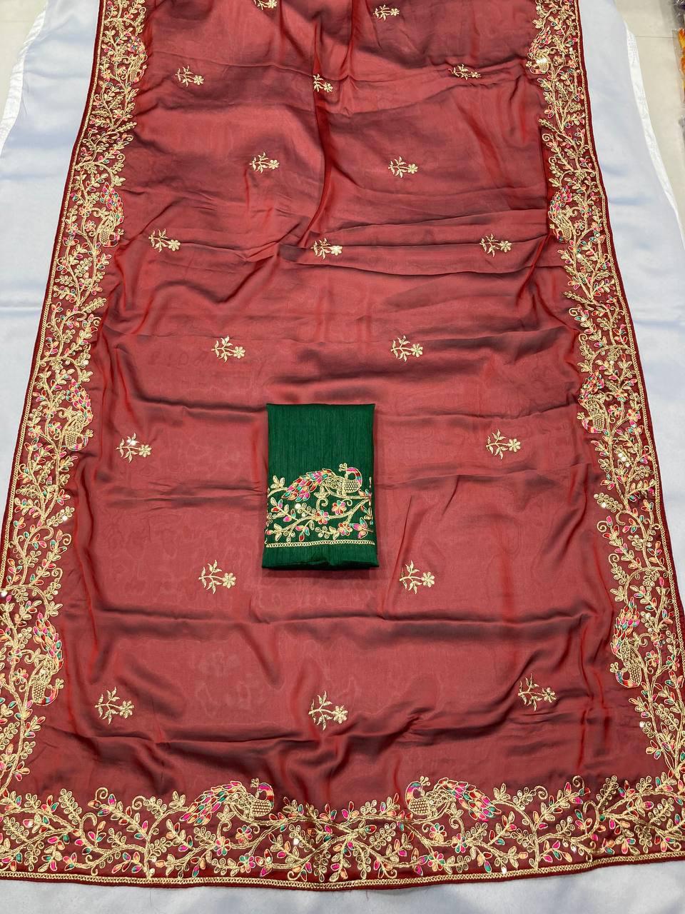 Soft Rangoli Silk Saree, Embroidered C-Pallu, Piping Border, Wedding Party Wear