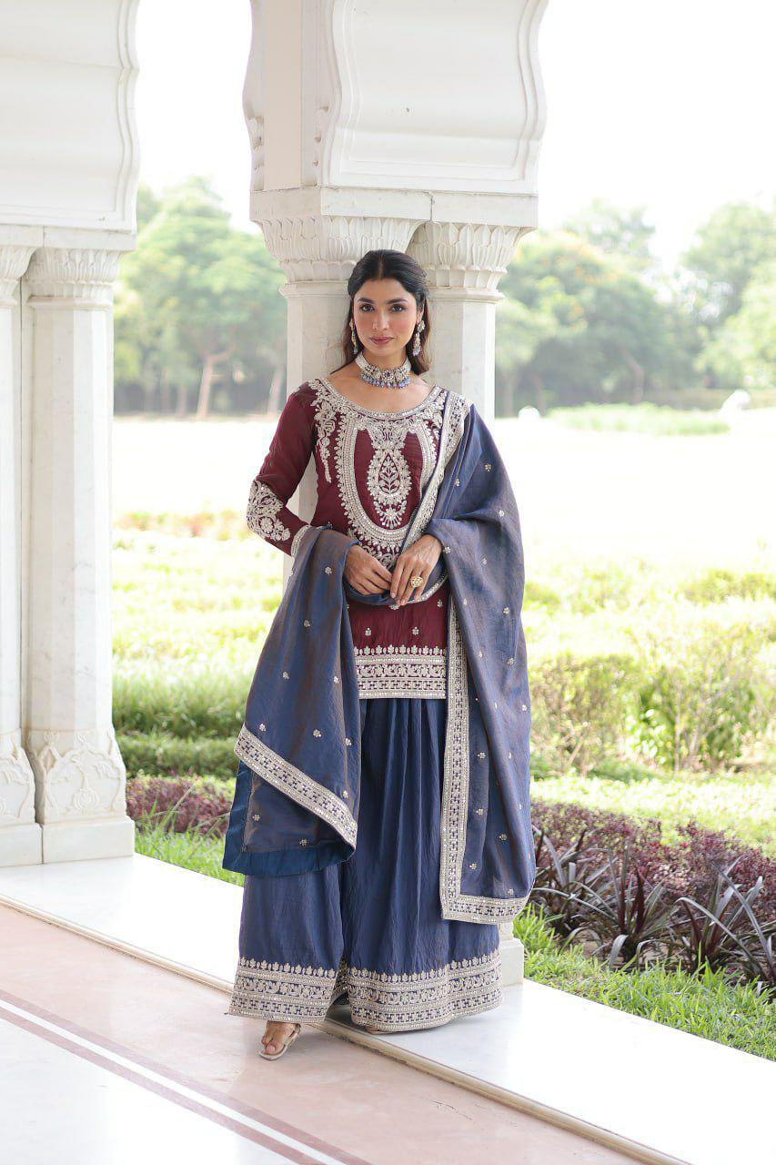 NC Silk Sharara Suit, Sequins Cording Embroidery, Designer Party Wear Kurti Set