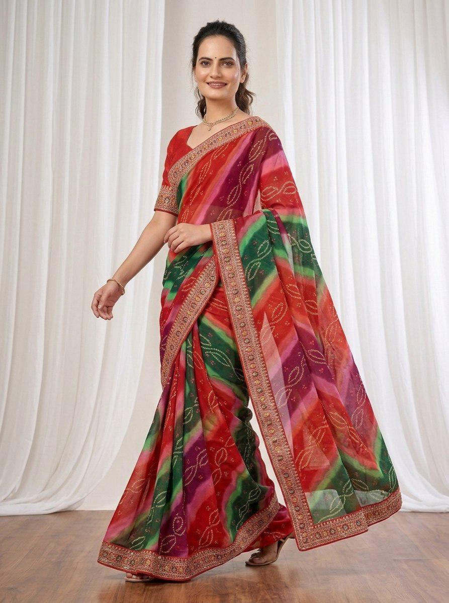 Digital Print Georgette Saree | Embroidered Lace Border, Silk Blouse (Digital Download)