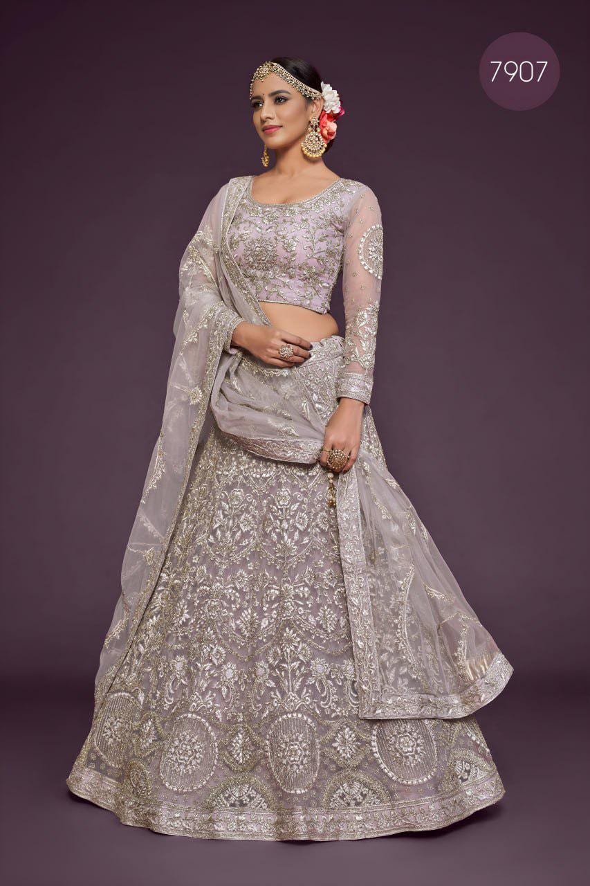 Lavender Net Lehenga Choli Set, Zari Badla Glitter Embroidery, Semi-Stitched Wedding Dupatta