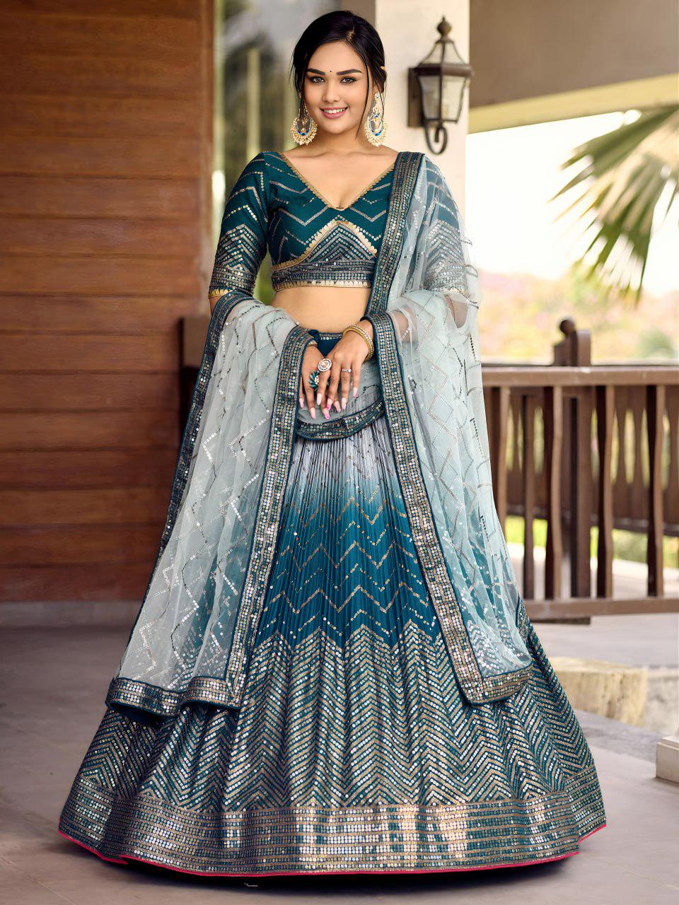 Teal Chinnon Lehenga Choli Set | Embroidered Wedding A-Line Lehenga with Net Dupatta