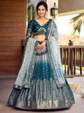 Teal Chinnon Lehenga Choli Set | Embroidered Wedding A-Line Lehenga with Net Dupatta