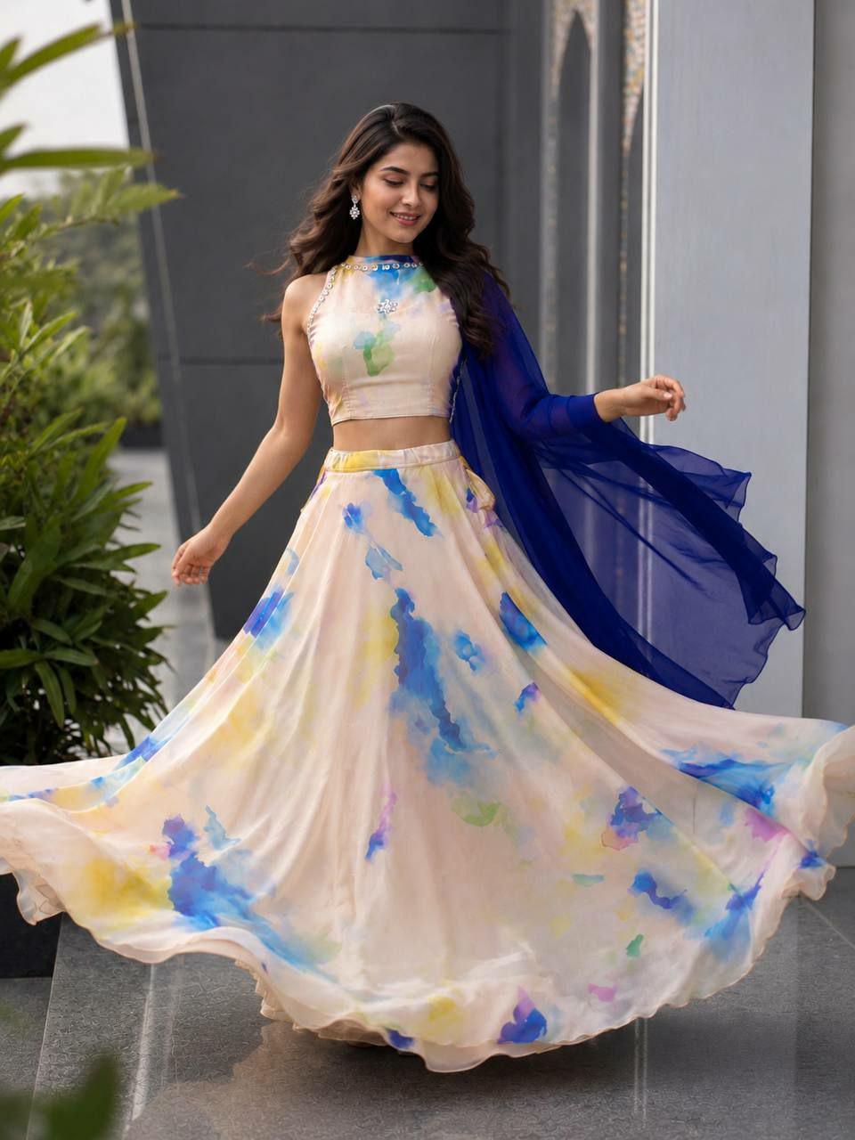 Printed Jimmy Organza Lehenga Choli Set | 8 Meter Flare Digital Print, Stone Work, Georgette Dupatta
