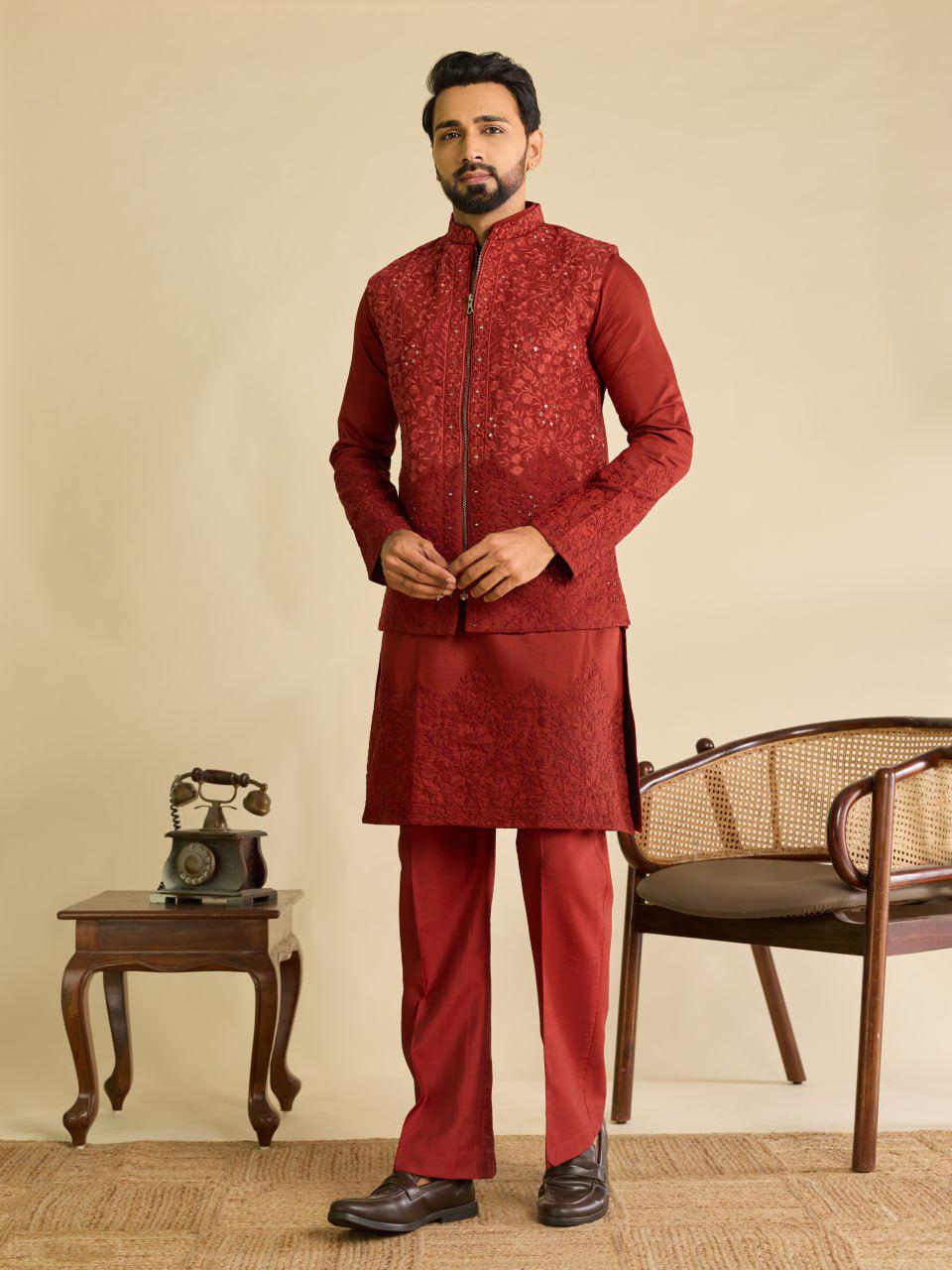 Art Silk Kurta Koti Set | Real Mirror Multi Thread Embroidery Wedding Outfit