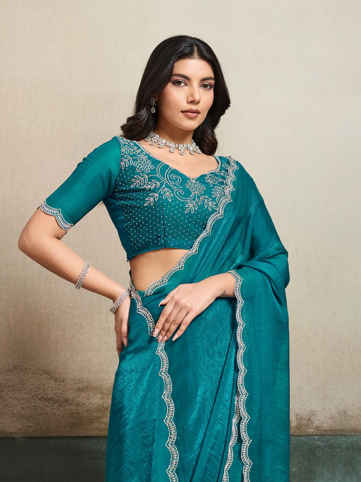 Fendy Chiffon Blooming Saree with Jacquard Work, Designer Blouse, Festive Wear