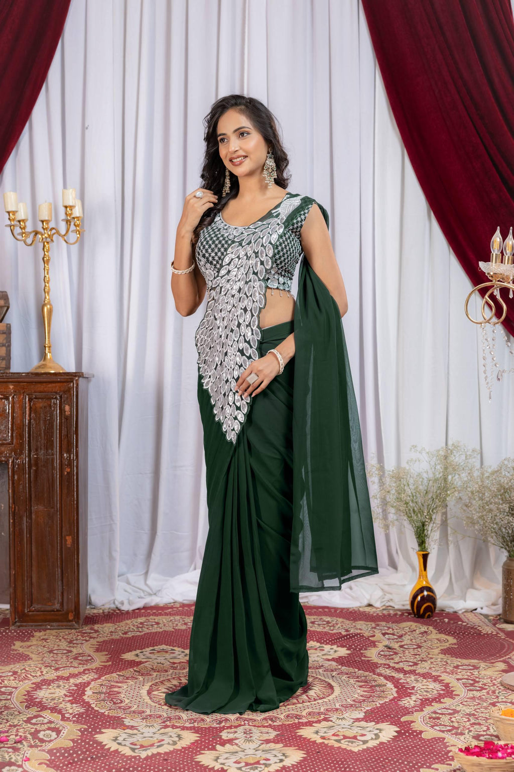 Ready to Wear Faux Georgette Saree with Embroidery & Sequins | Pre-Stitched Saree, Embroidered Blouse
