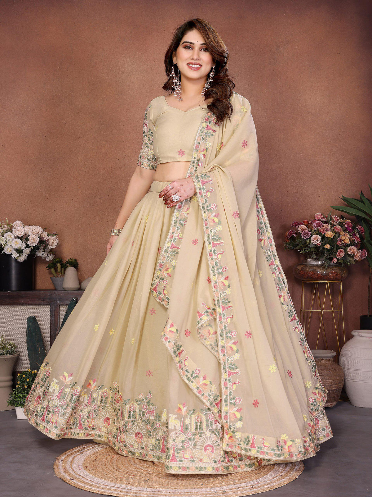 Embroidered Star Georgette Lehenga Choli Set | Ready-to-Wear Bridal Indian Wedding Wear Dupatta Cutwork Border