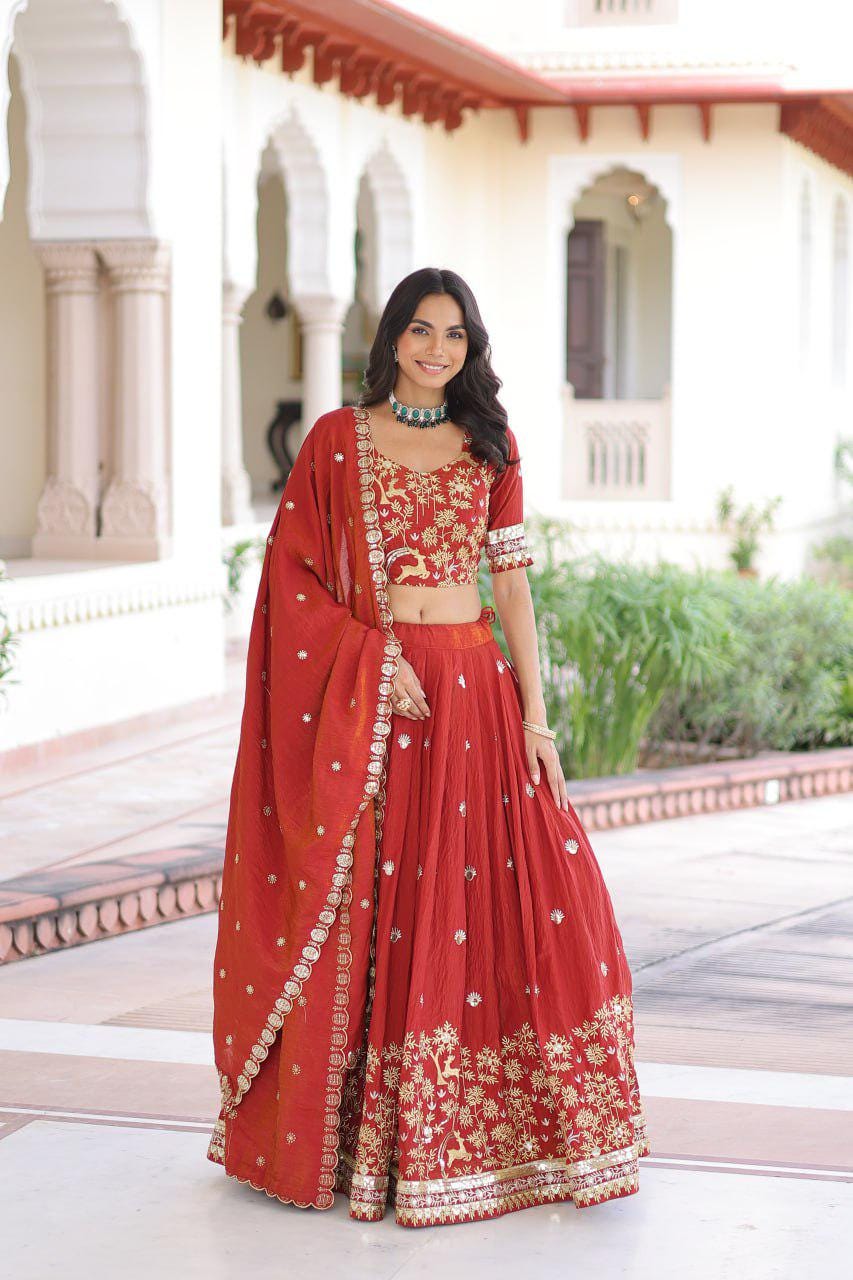 Vichitra Silk Lehenga Choli, Sequins Thread Embroidery, 4 Meter Flare Wedding Set