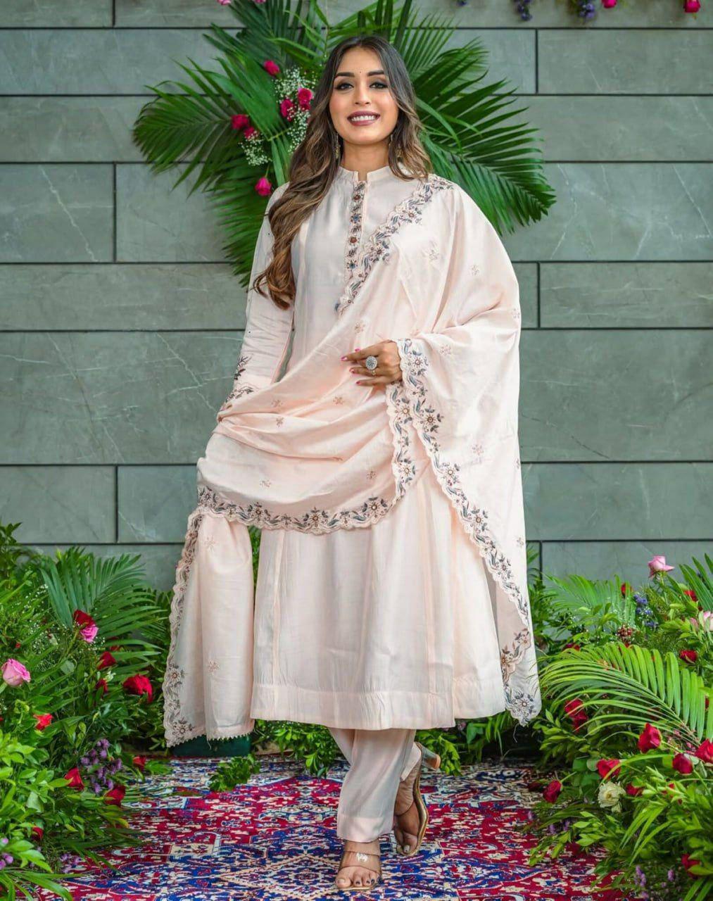 Embroidered Muslin Cotton Kurta Set with Dupatta, Flared Indian Ethnic Wear