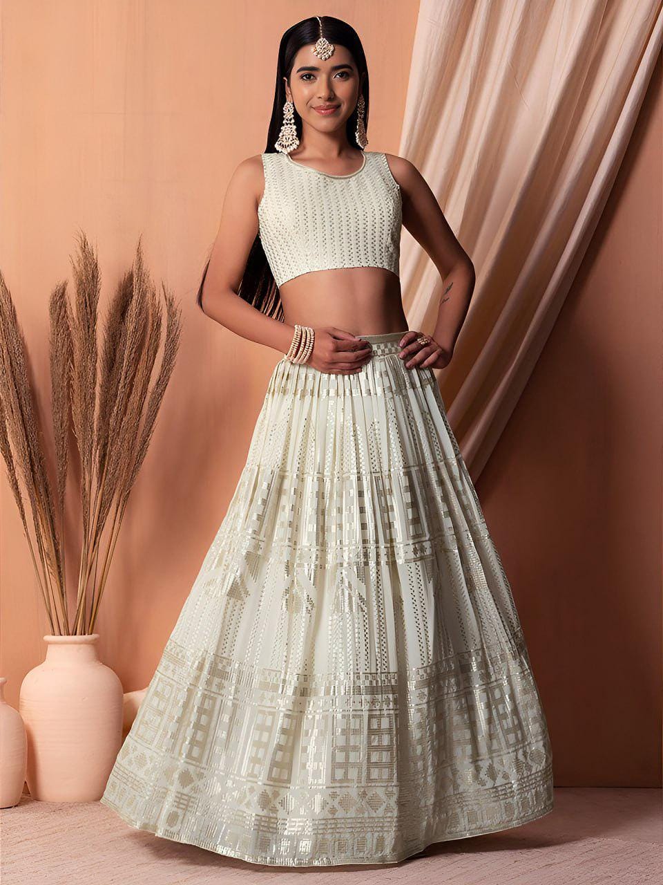 Ivory Georgette Lehenga Choli Set | Sequin Embroidered Wedding Bridal Outfit