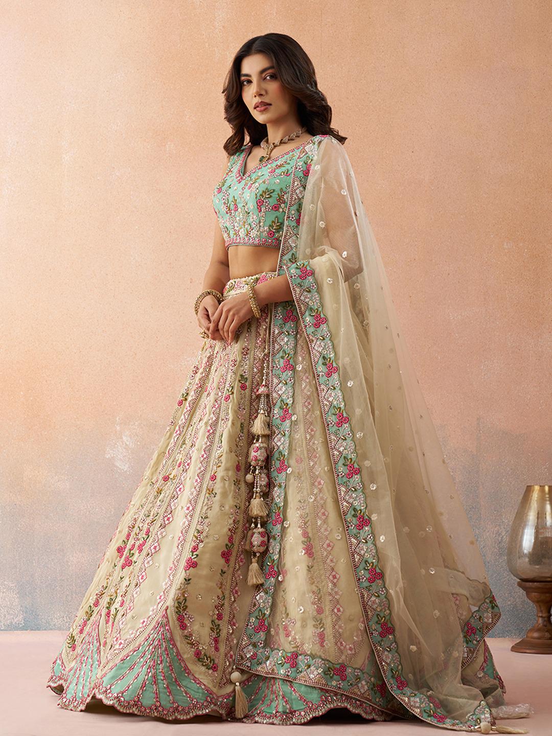 Cream Tissue Lehenga Choli Set, Sequins Embroidery, Wedding Party Wear