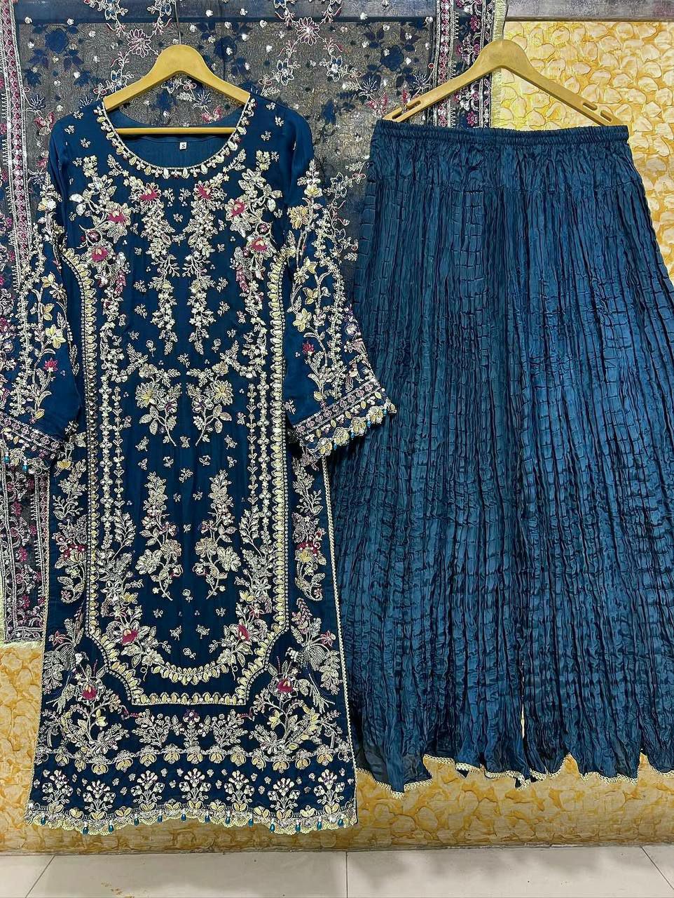Embroidered Faux Georgette Kurta Palazzo Set with Sequins, Beads Work Ethnic Wear