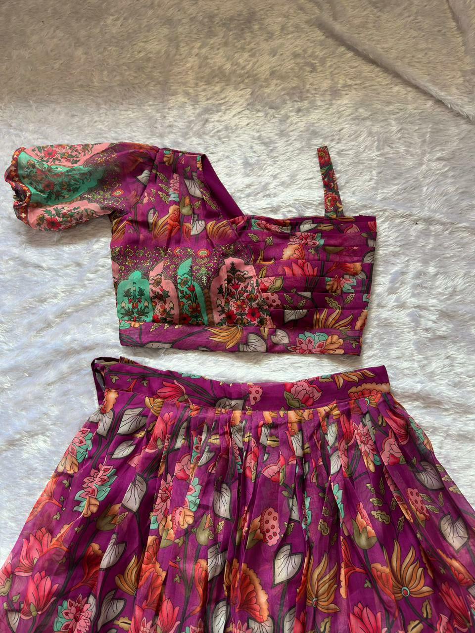 Wine Floral Print Organza Silk Lehenga Choli Set | Padded Blouse, Dupatta
