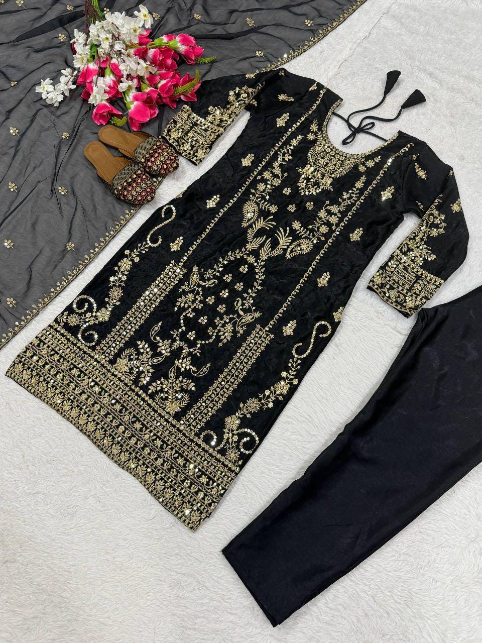Korean Satin Silk Suit Set, Sequin Embroidery Kurta Pant, Organza Dupatta, Festive Wear