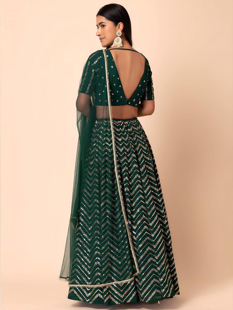 Green Georgette Lehenga Choli Set | Sequin Embroidered Wedding Party Wear (Semi-Stitched)