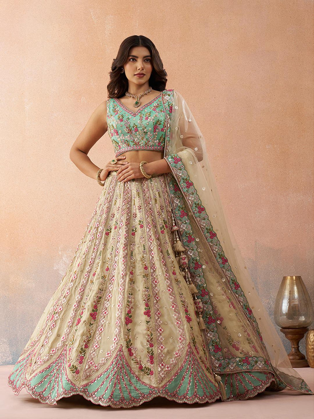 Cream Tissue Lehenga Choli Set, Sequins Embroidery, Wedding Party Wear