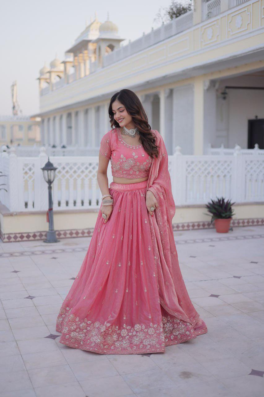 Fendi Silk Lehenga Choli Set, Sequins Zari Embroidery, Fully Stitched Wedding Outfit