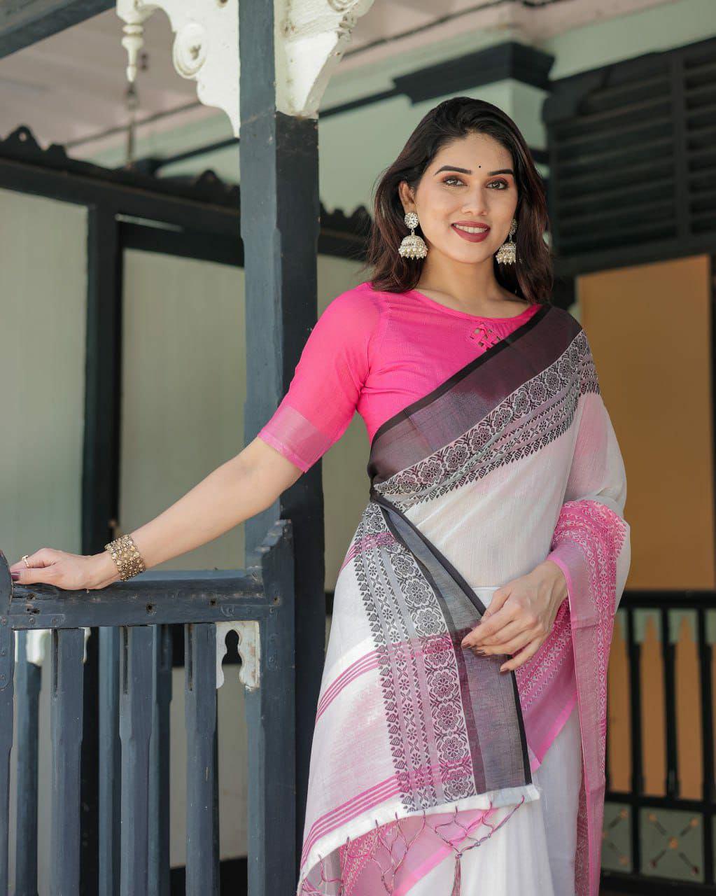 White Linen Cotton Saree, Pink Woven Border, Traditional Festive Wear, Designer Blouse Piece