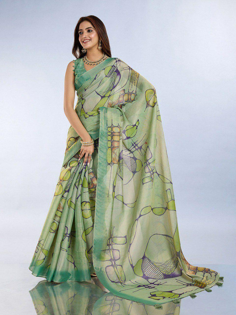 Green Floral Linen Cotton Saree | Silver Grey Woven Border, Digital Print, Festive Indian Saree