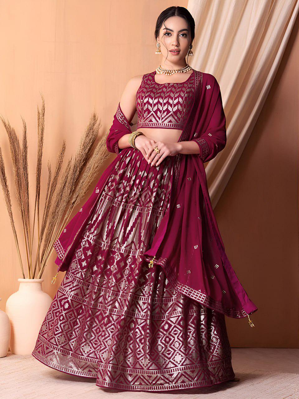 Ruby Pink Georgette Lehenga Choli Set | Sequin Embroidered Wedding Party Wear (Semi-Stitched)