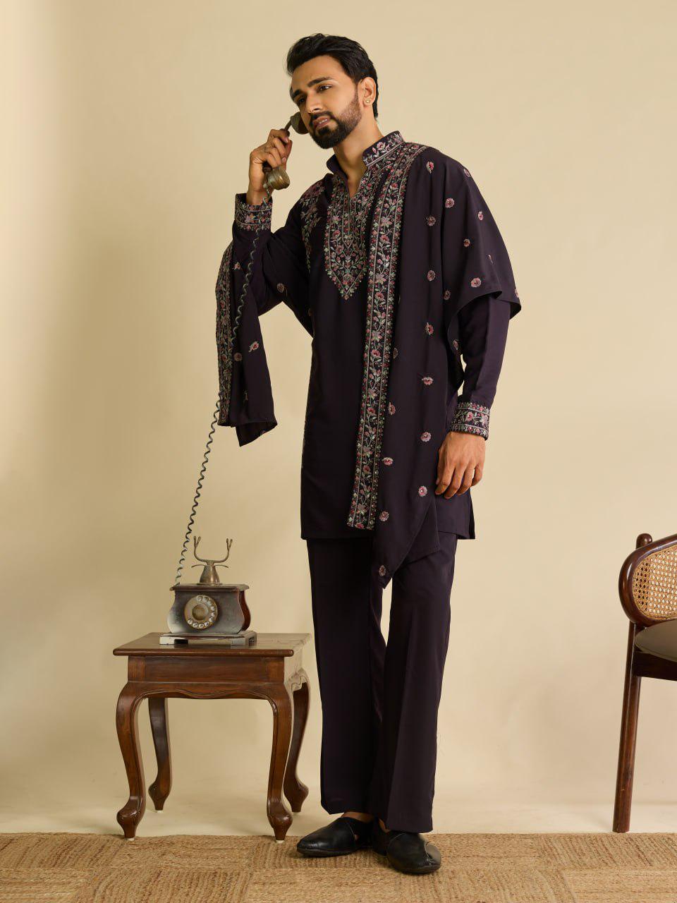 Embroidered Japanese Fabric Kurta Pant Set with Dupatta | Festive Ethnic Wear