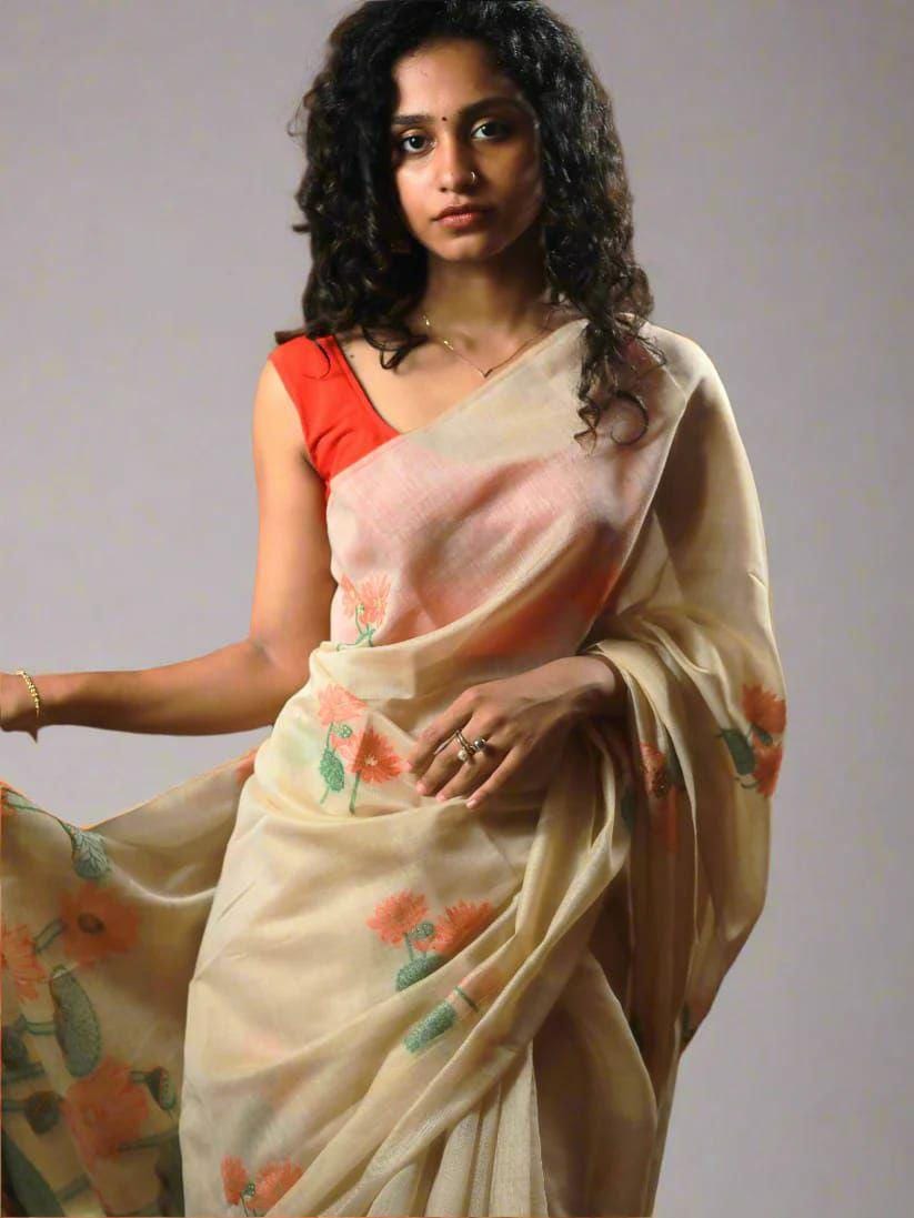 Muga Silk Saree, Floral Weaving, Pichwai Style Pallu, Contrast Blouse Piece