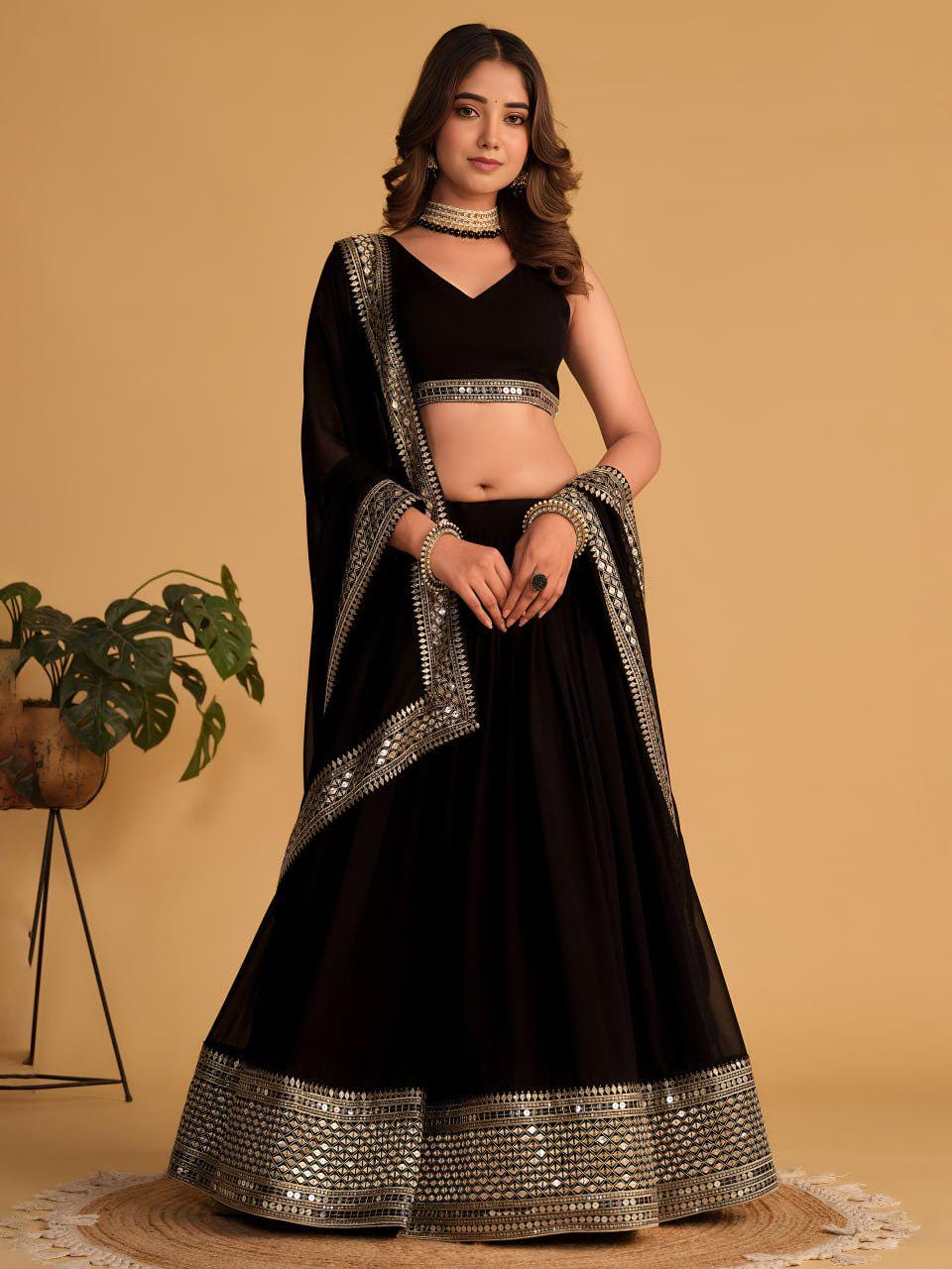 Black Georgette Lehenga Choli Set | Zari Sequins Embroidered Party Wear Wedding Outfit