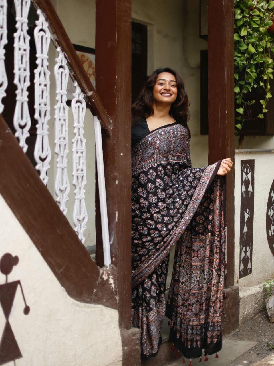 Soft Satin Silk Ajrakh Print Saree with Real Mirror Work | Festive Indian Wedding Wear