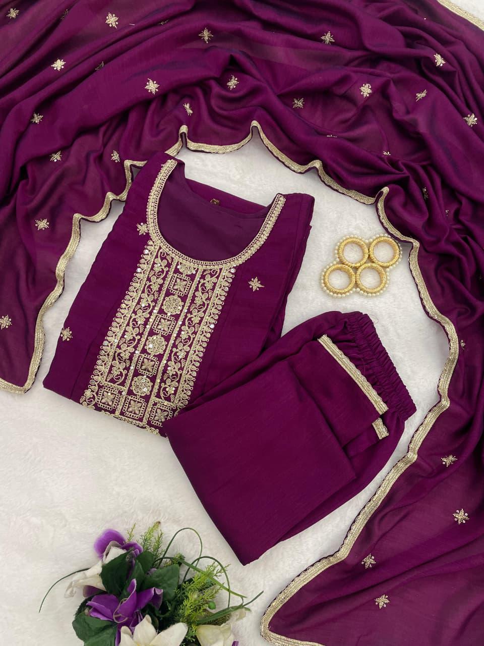 Embroidered Vichitra Silk Kurta Pant Set, 48 Inch Festive Ethnic Wear (M-3XL)