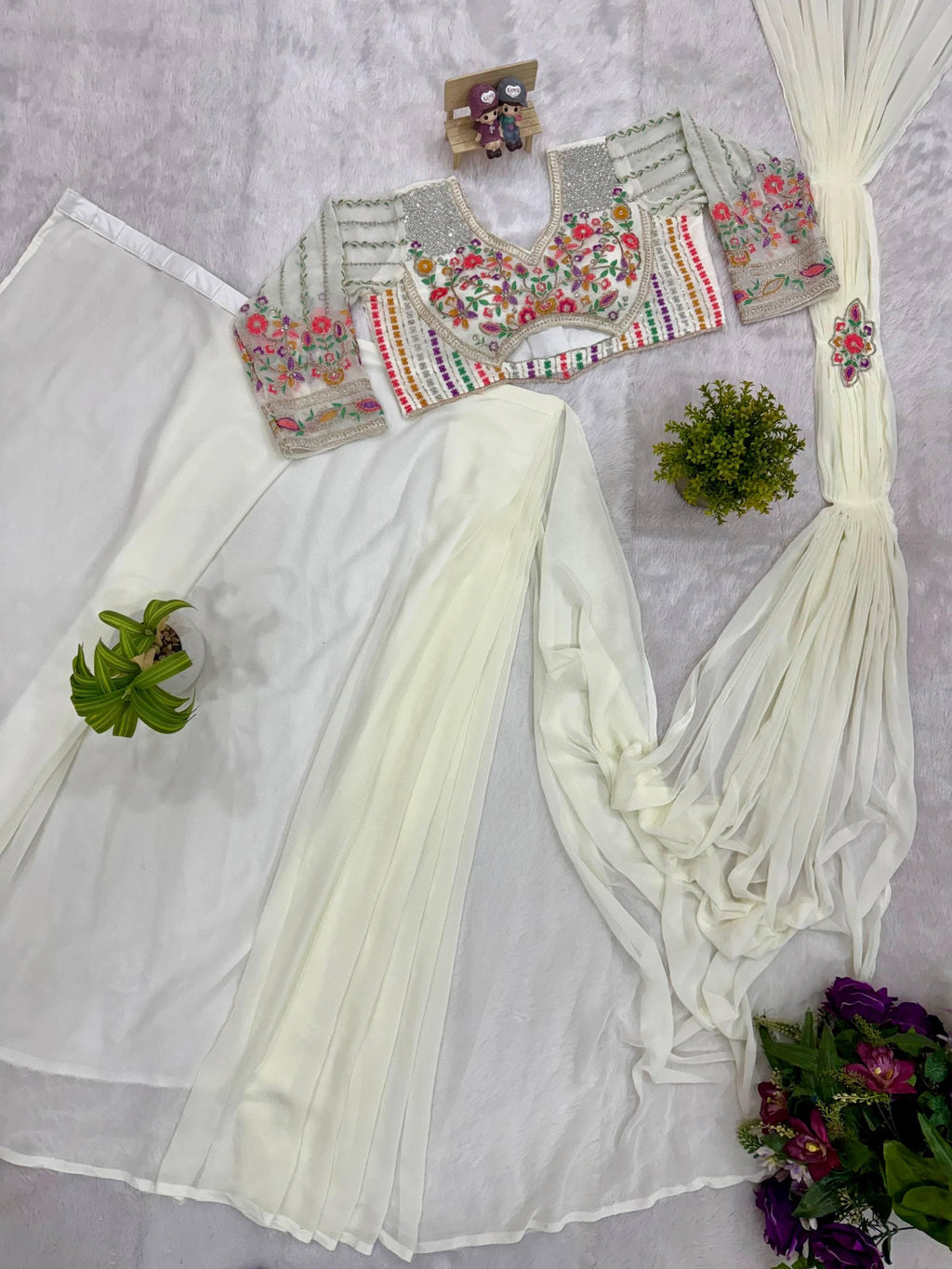 Ready to Wear Faux Georgette Saree with Embroidered Blouse, Hand Work Ethnic Outfit
