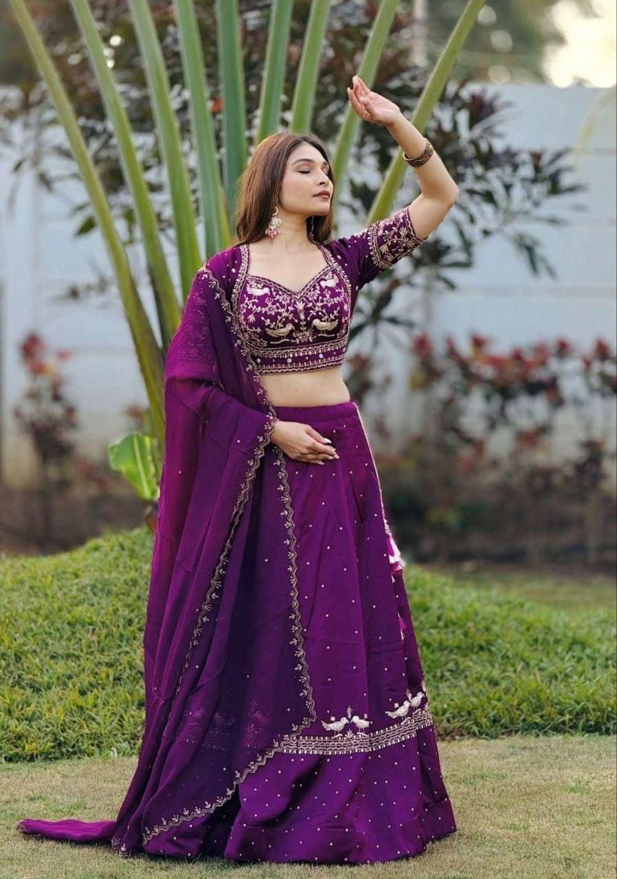 Purple Chinon Lehenga Choli Set | Heavy Embroidery Sequin Work, Flared Indian Wedding Party Wear