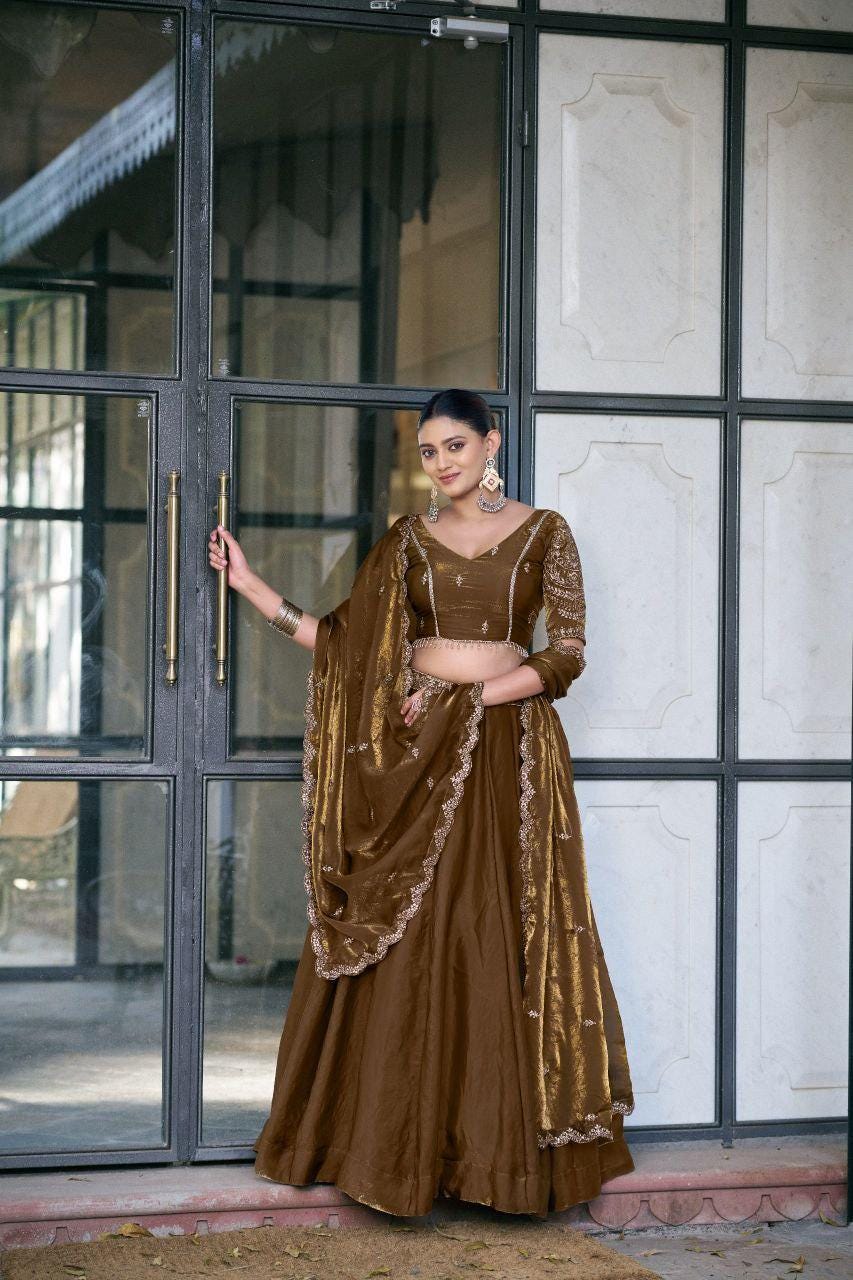 Fendi Lehenga Choli Set | Sequins Embroidery, 5 Meter Flair, Bridal Party Wear