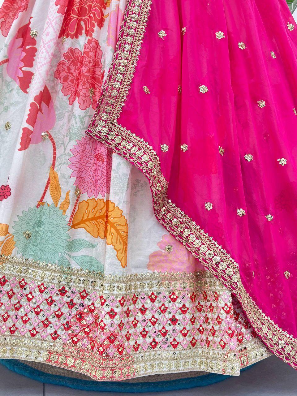Chinon Silk Lehenga Choli | Digital Print, Sequins Embroidery, 4 Meter Flair, Indian Wedding Wear