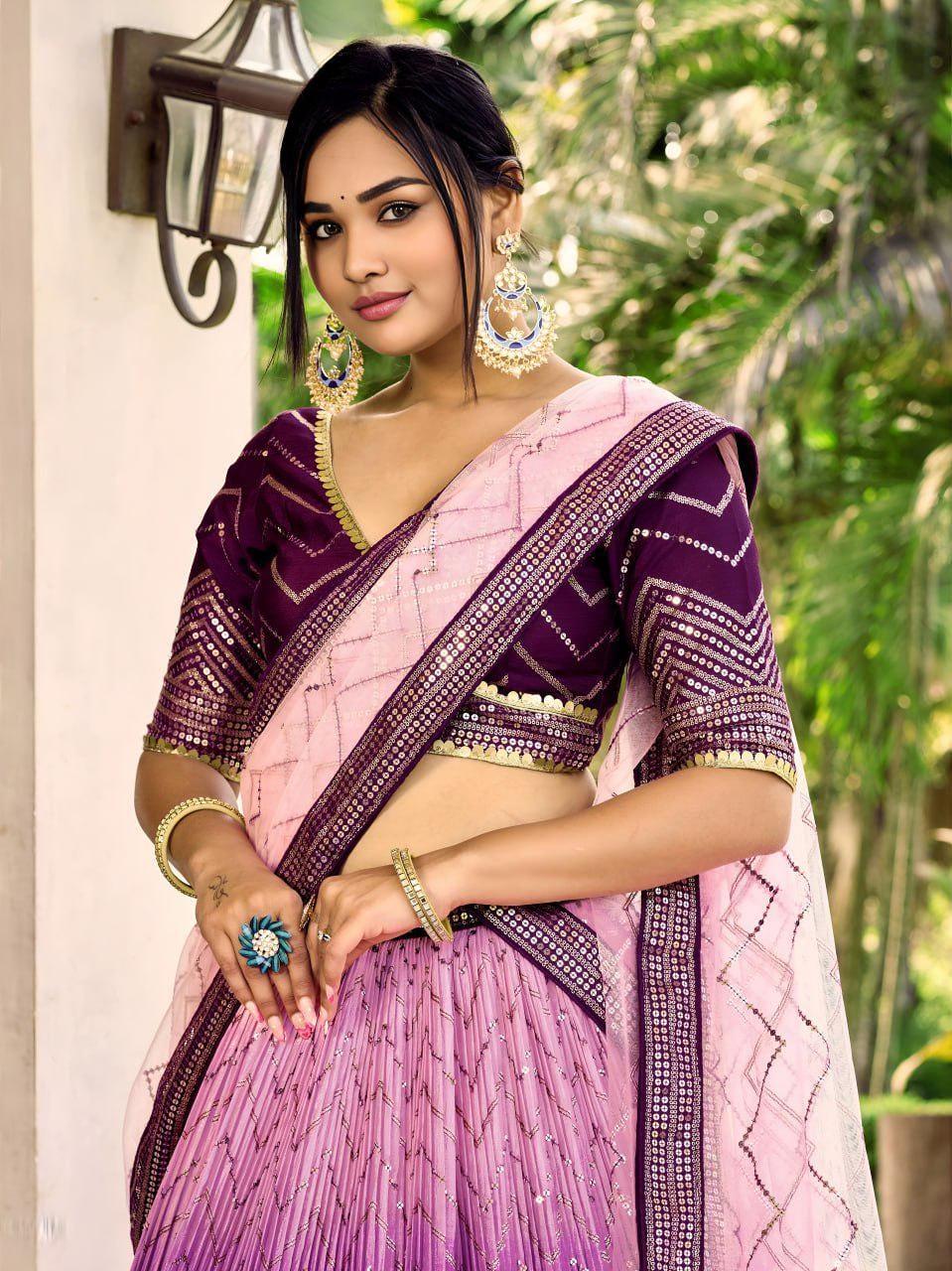 Purple Chinnon Lehenga Choli Set | Thread Sequin Embroidered Wedding A-Line Lehenga, Net Dupatta