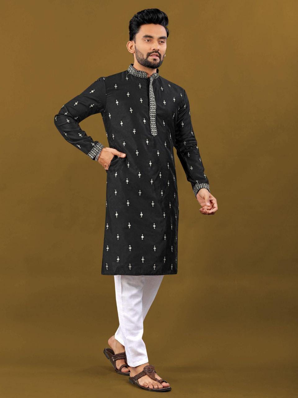 Men's Matka Silk Kurta Pajama Set | Silver Zari Embroidered Buti, Festive Wear