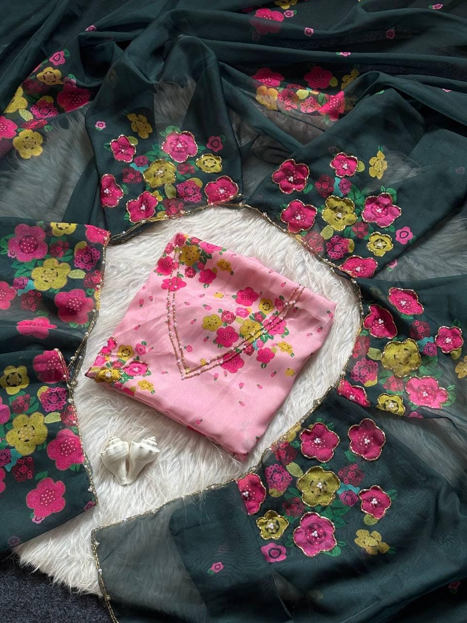 Floral Print Tabi Saree with Cut Dana Handwork, Chinon Blouse, Summer Party Wear