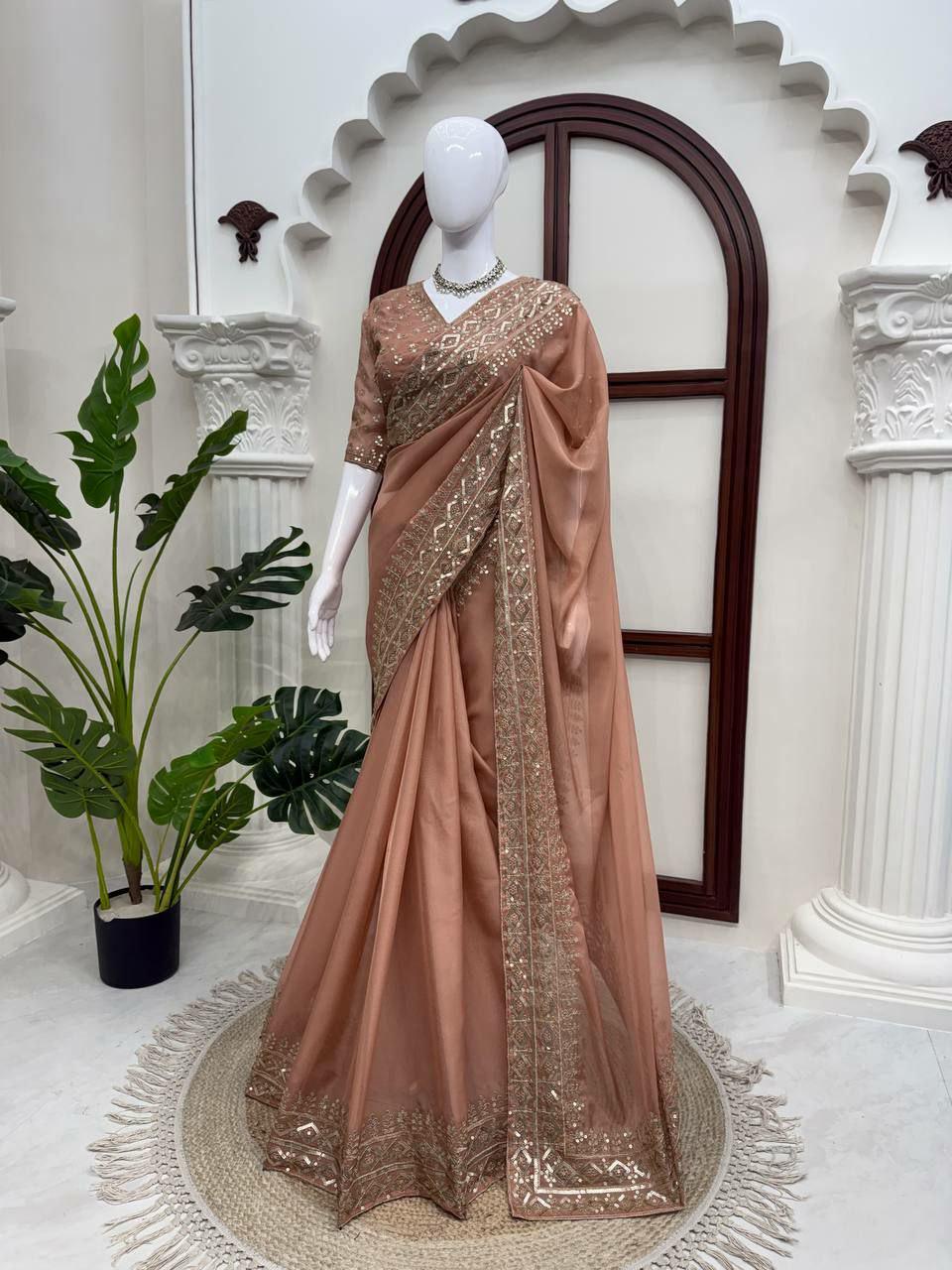 Tibby Silk Saree | Thread Sequin Embroidery, Festive Party Wear, Unstitched Blouse Piece