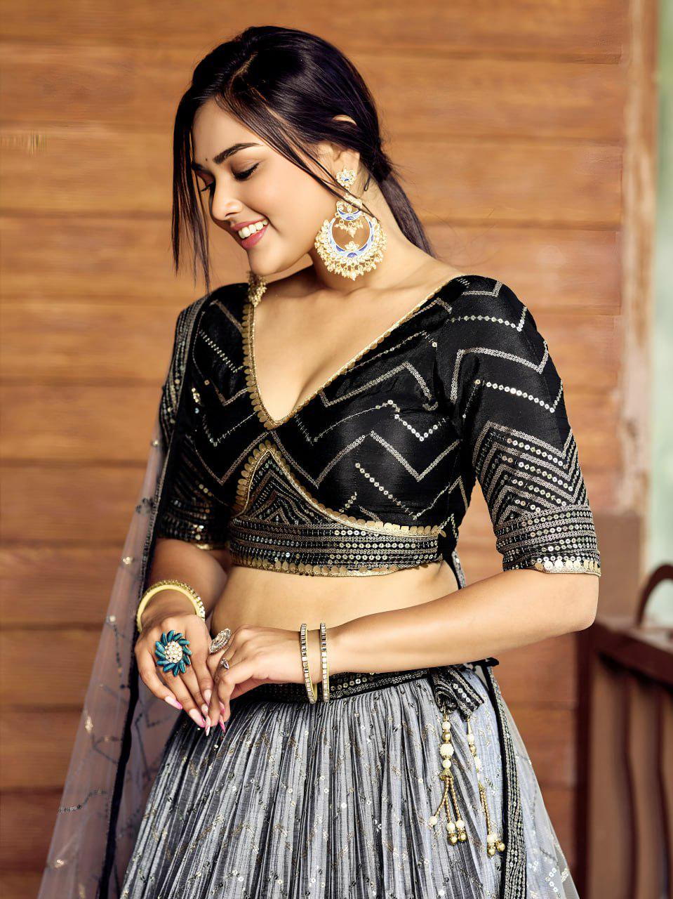 Black Chinnon Lehenga Choli Set | Sequin Embroidered Wedding A-Line Lehenga, Net Dupatta