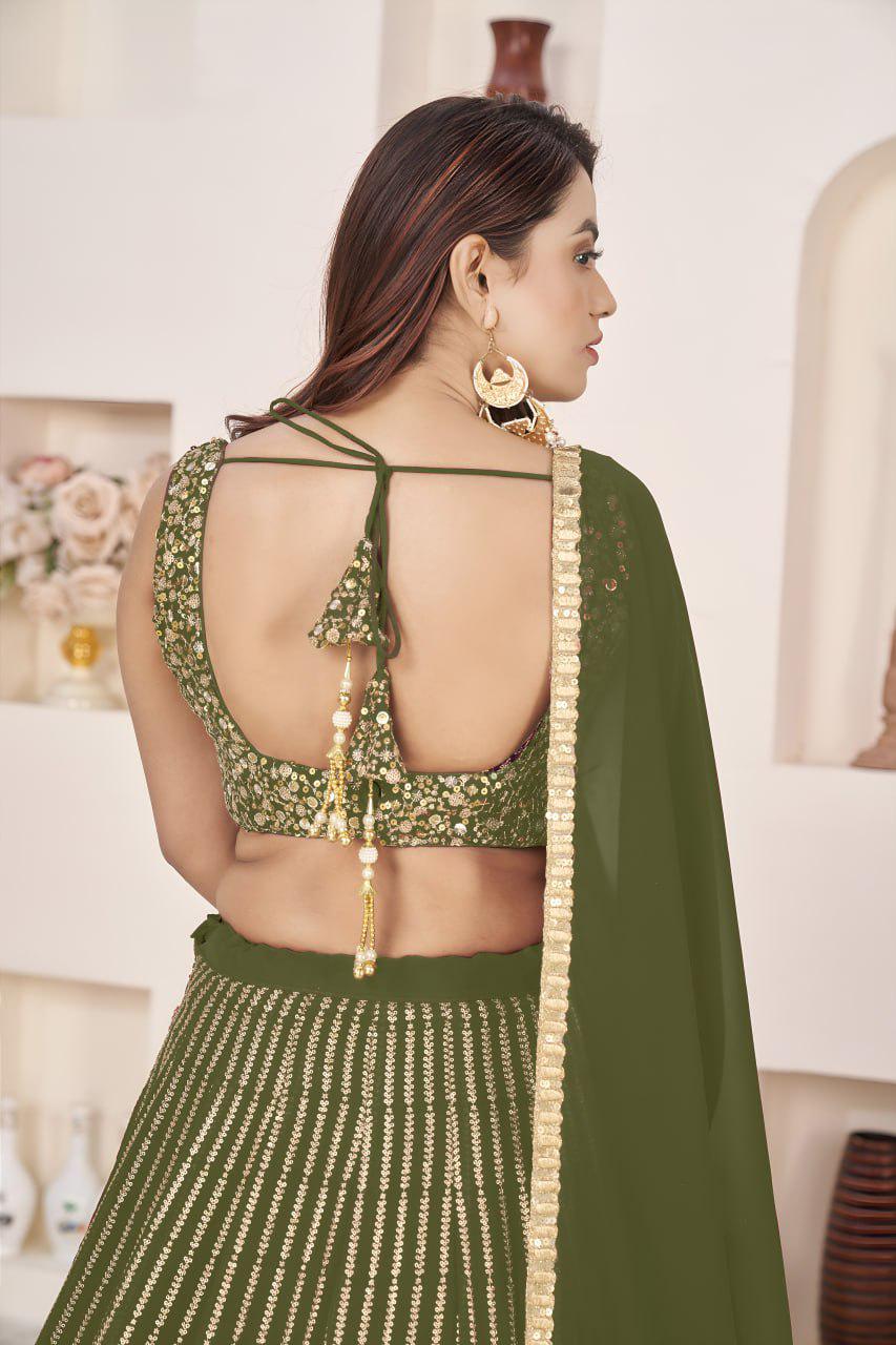 Olive Green Georgette Lehenga Choli Set | Zari Sequins Embroidery, Semi-Stitched A-Line