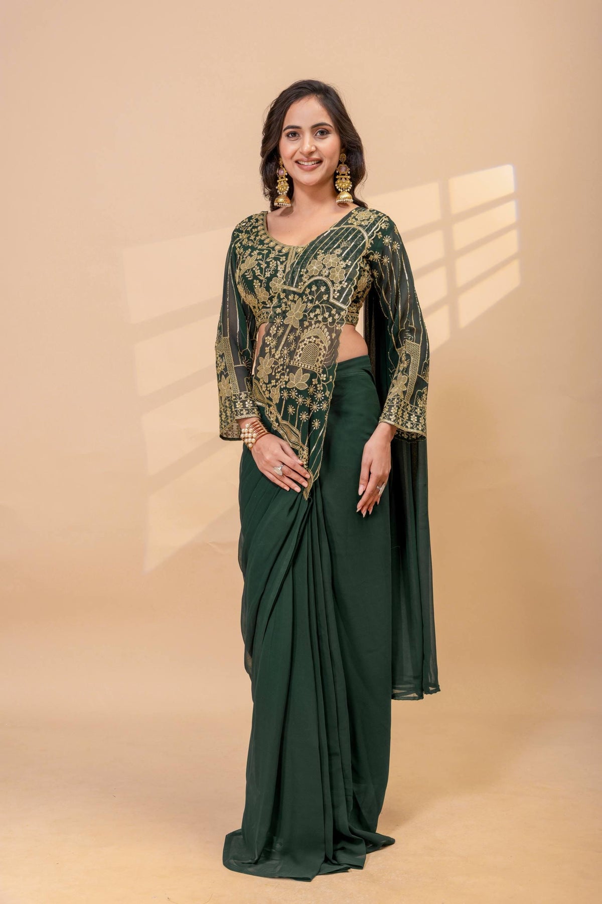 Ready-to-Wear Faux Georgette Saree with Embroidery, Stitched Blouse