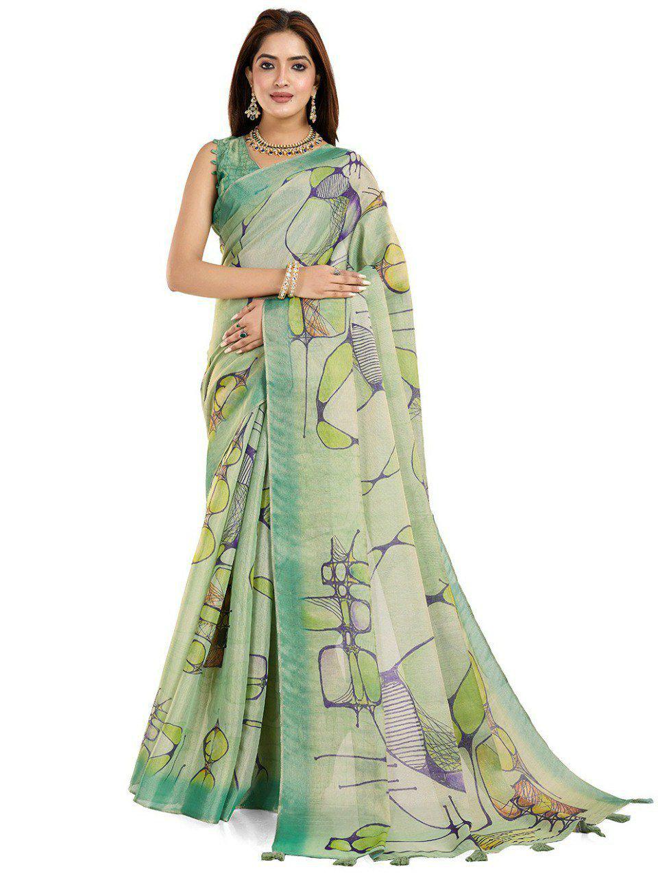 Green Floral Linen Cotton Saree | Silver Grey Woven Border, Digital Print, Festive Indian Saree