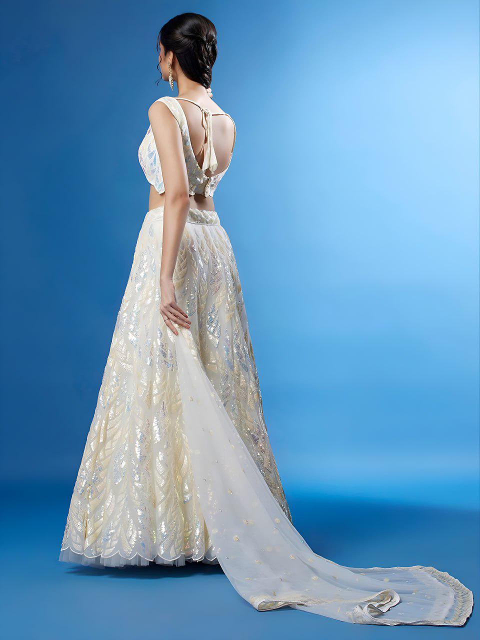 White Soft Net Lehenga Choli Set, Sequins Embroidery, Bridal Party Wear, Semi-Stitched (Wedding)
