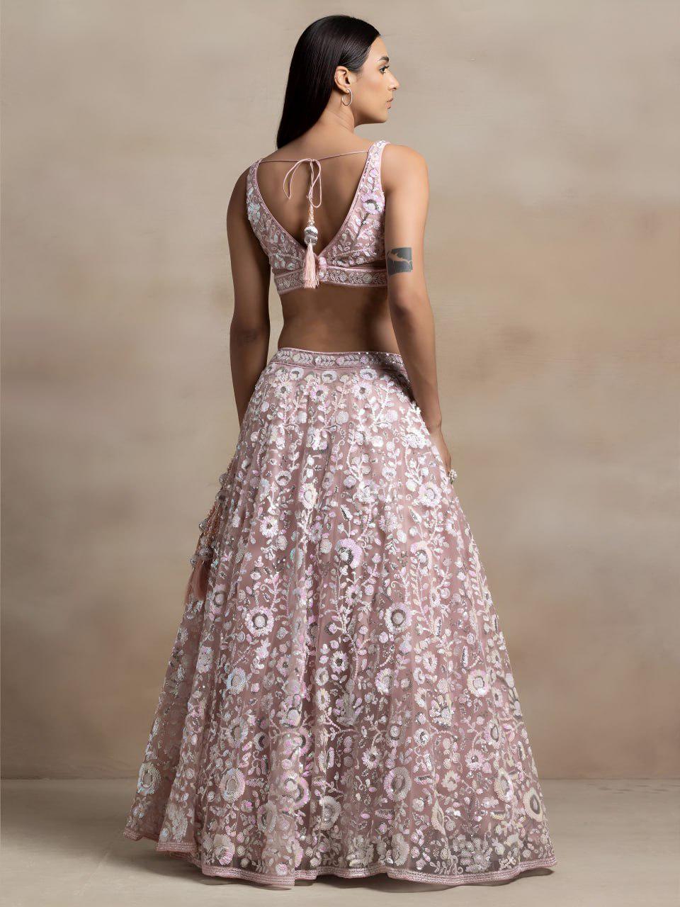 Soft Pink Floral Embroidered Lehenga Choli Set | Sequins Party Wear Dupatta