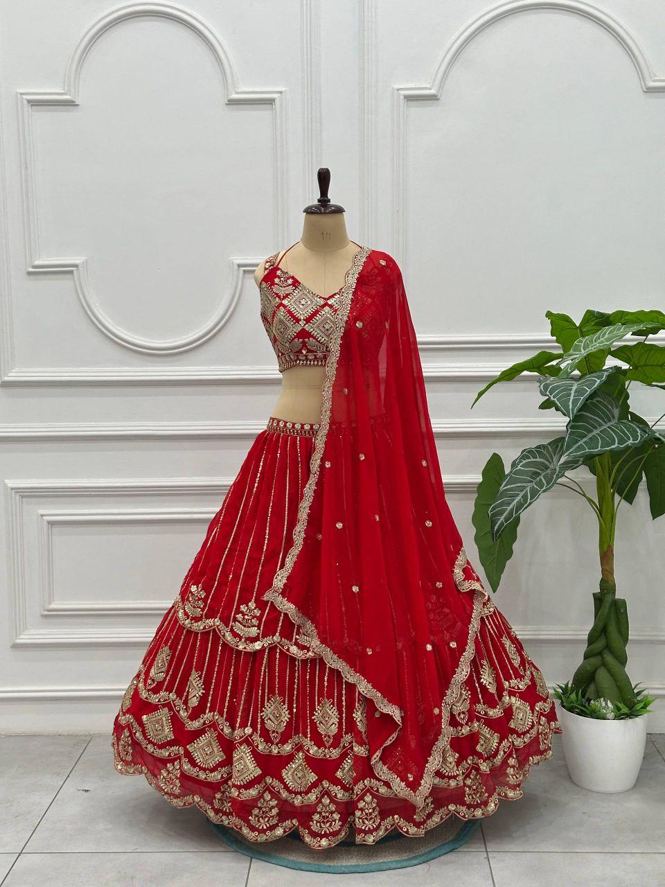 Red Faux Georgette Lehenga Choli | Sequins Zari Embroidery Bridal Set