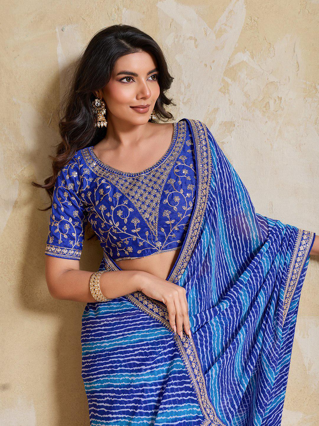Georgette Bandhej Laheriya Saree with Embroidered Blouse, Festive Wedding Wear