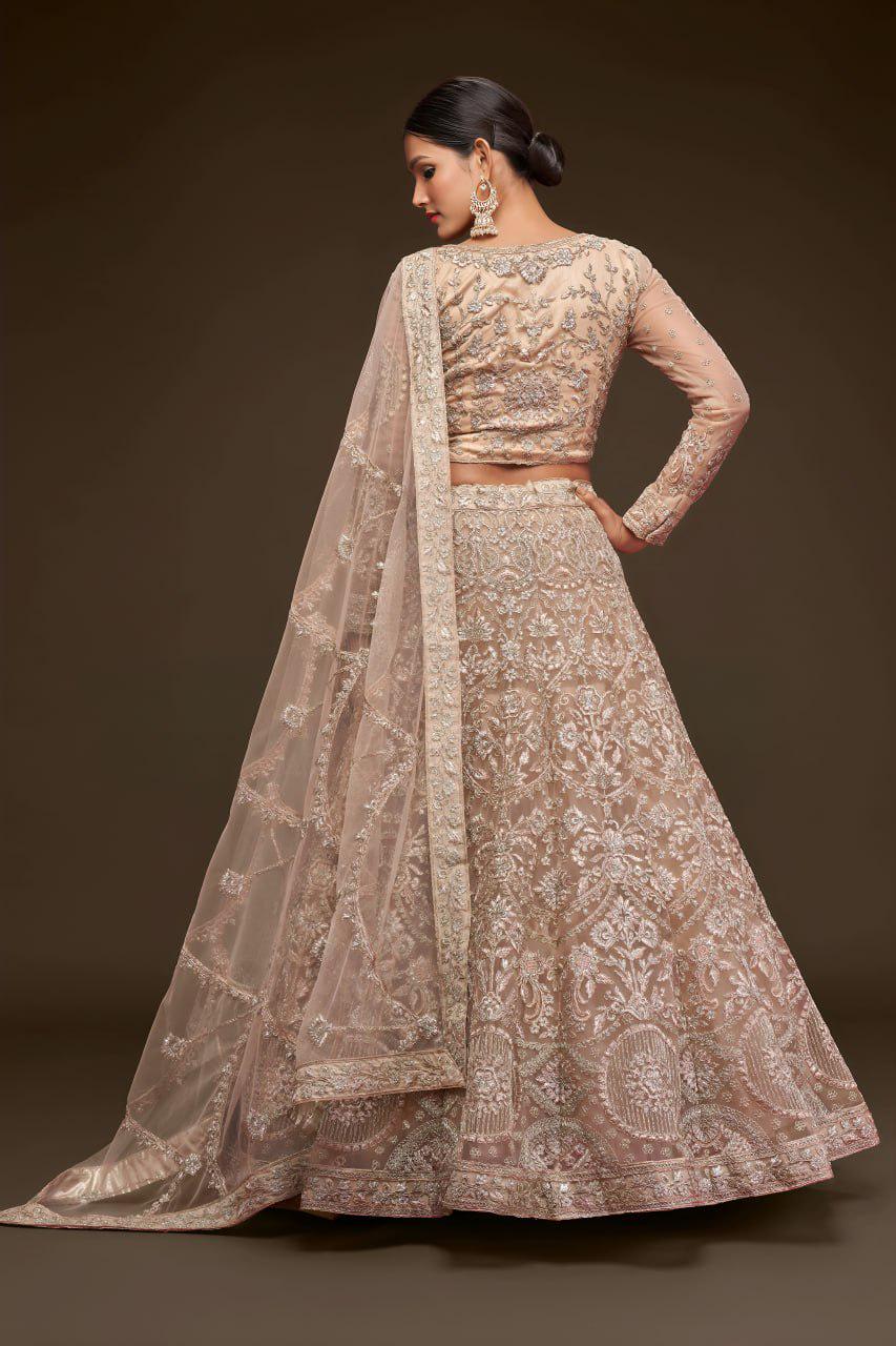 Champagne Beige Net Lehenga Choli, Zari Glitter Dori Embroidery, Semi-Stitched Wedding Set