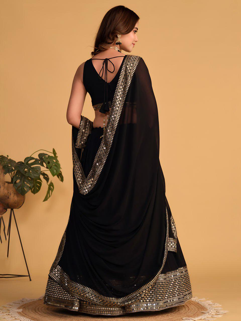 Black Georgette Lehenga Choli Set | Zari Sequins Embroidered Party Wear Wedding Outfit