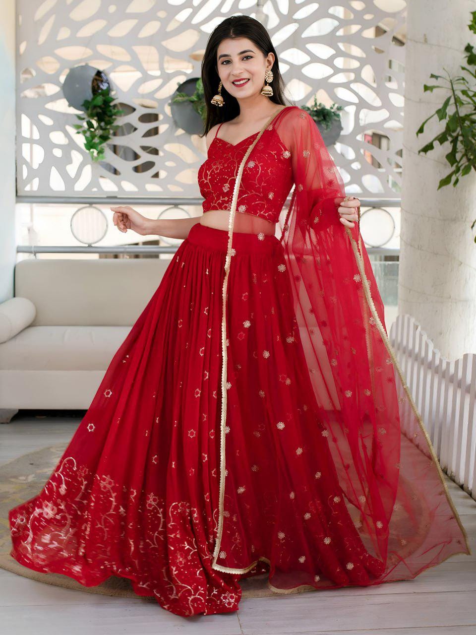 Red Organza Lehenga Choli, Velvet Blouse, Sequins Embroidery Wedding Outfit